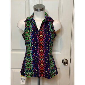 Tzu Tzu Bright Neon Leopard Print Sleeveless Athletic Top, Size S